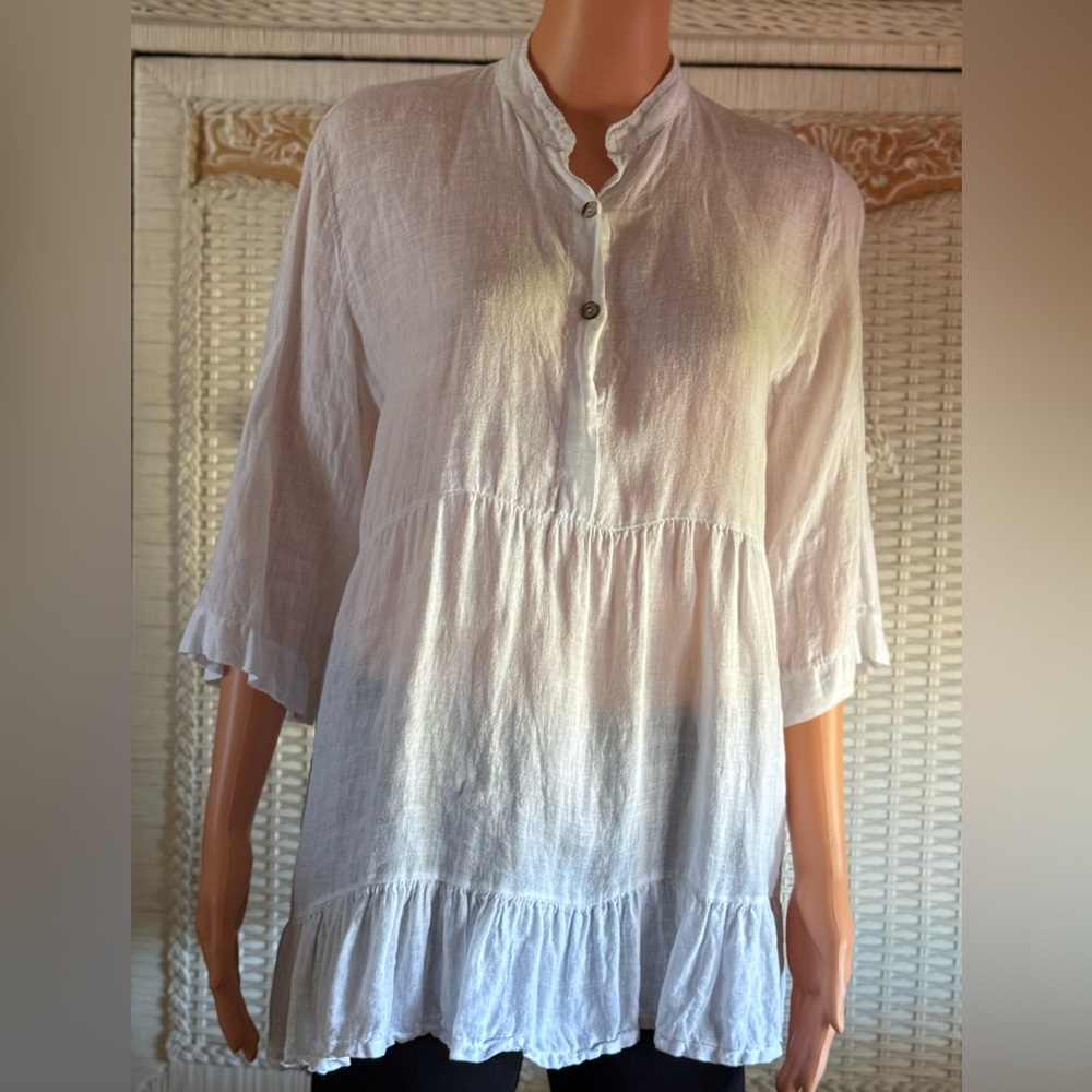 Logica Italy White Linen Top Lagenlook Beachy Smocked Size Medium